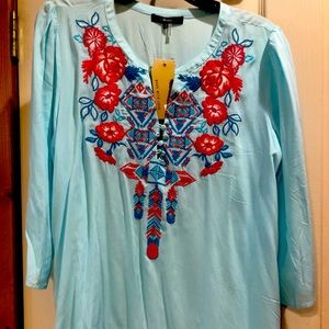 Light turquoise boho with embroidered floral.Light& perfect for summer vacation!